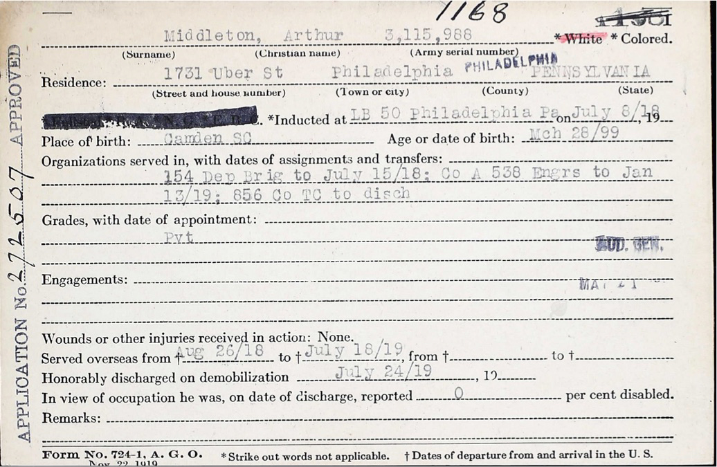 Arthur Middleton army separation application #272507, November 22, 1919. Public record provided by the author. Arthur Middleton army separation application #272507, November 22, 1919. Public record provided by the author.