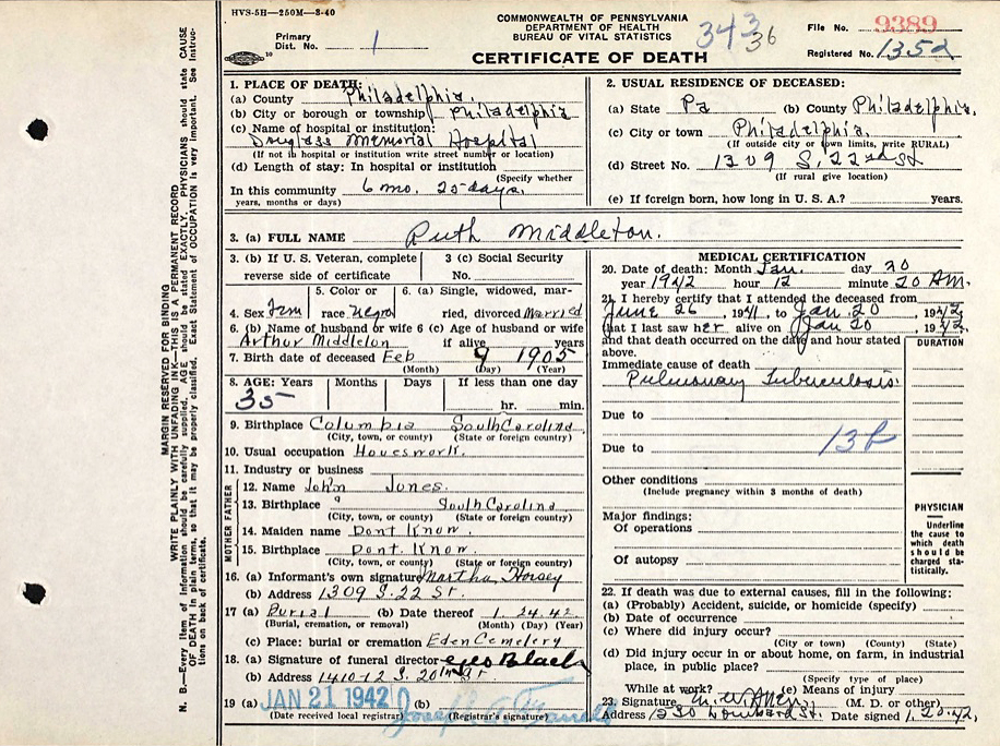 Ruth Middleton, Certificate of Death, No. 9389, January 20, 1942, County of Philadelphia, Commonwealth of Pennsylvania. Public record provided by the author. Ruth Middleton, Certificate of Death, No. 9389, January 20, 1942, County of Philadelphia, Commonwealth of Pennsylvania. Public record provided by the author.
