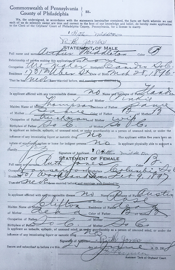 Marriage License Application of Arthur Middleton and Ruth Jones, County of Philadelphia, Commonwealth of Pennsylvania, June 25, 1918. Public record provided by the author. Marriage License Application of Arthur Middleton and Ruth Jones, County of Philadelphia, Commonwealth of Pennsylvania, June 25, 1918. Public record provided by the author.