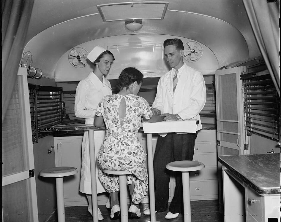 Trailer-laboratory for the mobile syphilis control project, Washington, DC, 1937. Photographer unknown. Courtesy of the Library of Congress Prints and Photographs Division, loc.gov/resource/hec.23247/. Trailer-laboratory for the mobile syphilis control project, Washington, DC, 1937. Photographer unknown. Courtesy of the Library of Congress Prints and Photographs Division, loc.gov/resource/hec.23247/.