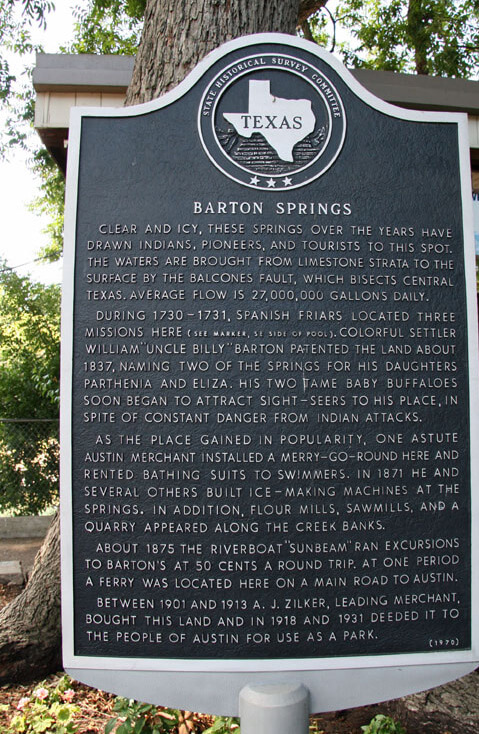 Barton Springs Historic Plaque in Zilker Metropolitan Park, Austin, Texas, March 16, 2009. Photograph by Matthew Rutledge. Courtesy of Matthew Rutledge (CC BY 2.0).  Barton Springs Historic Plaque in Zilker Metropolitan Park, Austin, Texas, March 16, 2009. Photograph by Matthew Rutledge. Courtesy of Matthew Rutledge (CC BY 2.0).