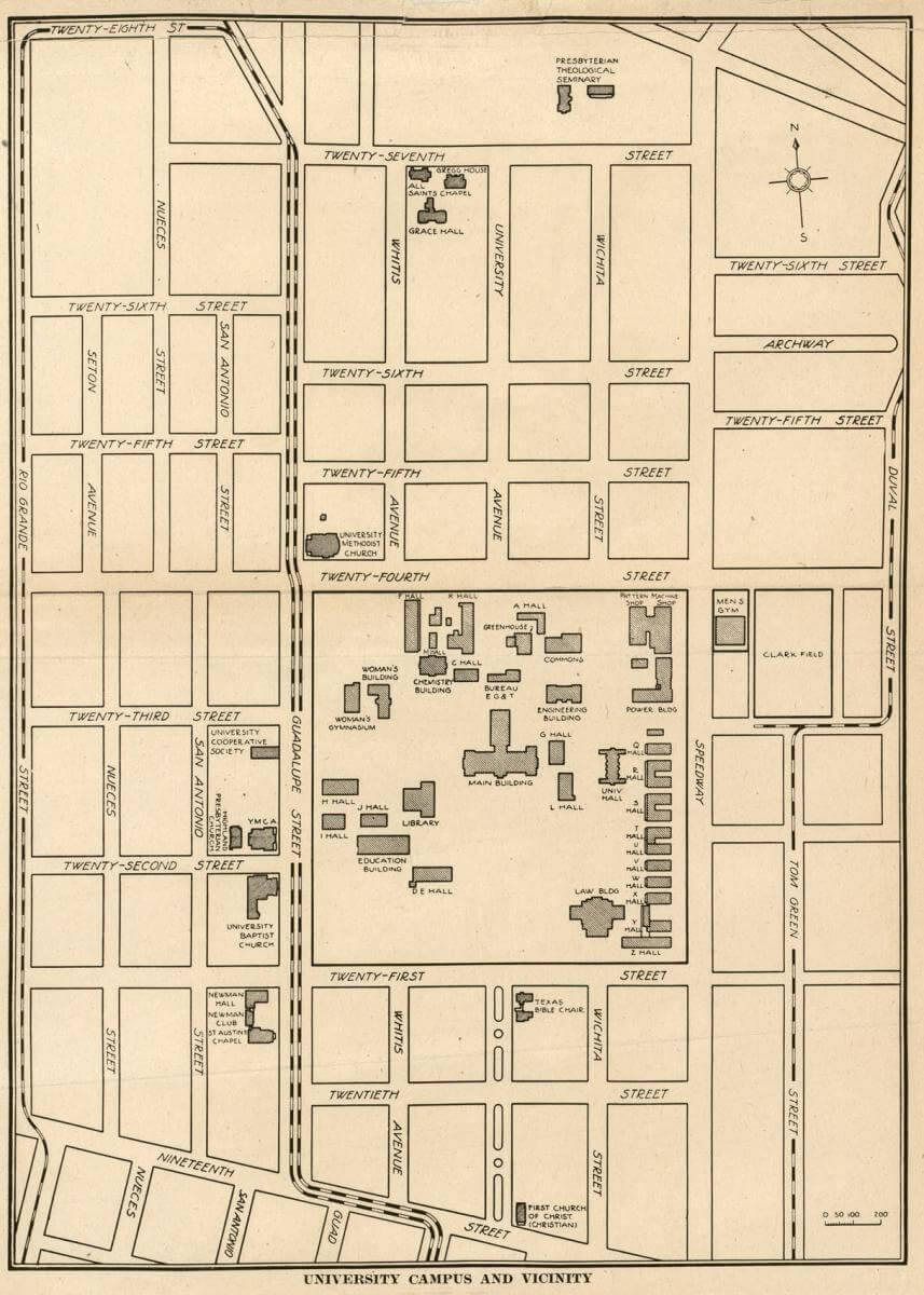 University Campus and Vicinity, University of Texas, Austin, Texas, 1919. Map by unknown creator. Courtesy of the University of Texas Libraries, www.lib.utexas.edu/maps/ut_austin_historical_maps.html. University Campus and Vicinity, University of Texas, Austin, Texas, 1919. Map by unknown creator. Courtesy of the University of Texas Libraries, www.lib.utexas.edu/maps/ut_austin_historical_maps.html.