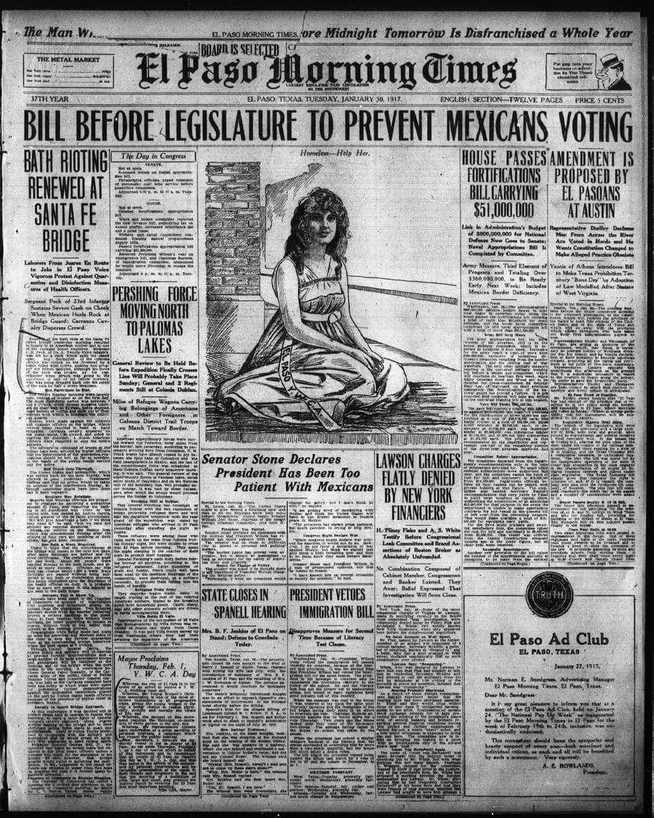 Cover page El Paso Morning Times, El Paso, Texas, January 30, 1917. Courtesy of University of North Texas Libraries Portal to Texas History, texashistory.unt.edu/ark%3A/67531/metapth198631/m1/1/sizes. Cover page El Paso Morning Times, El Paso, Texas, January 30, 1917. Courtesy of University of North Texas Libraries Portal to Texas History, texashistory.unt.edu/ark%3A/67531/metapth198631/m1/1/sizes.