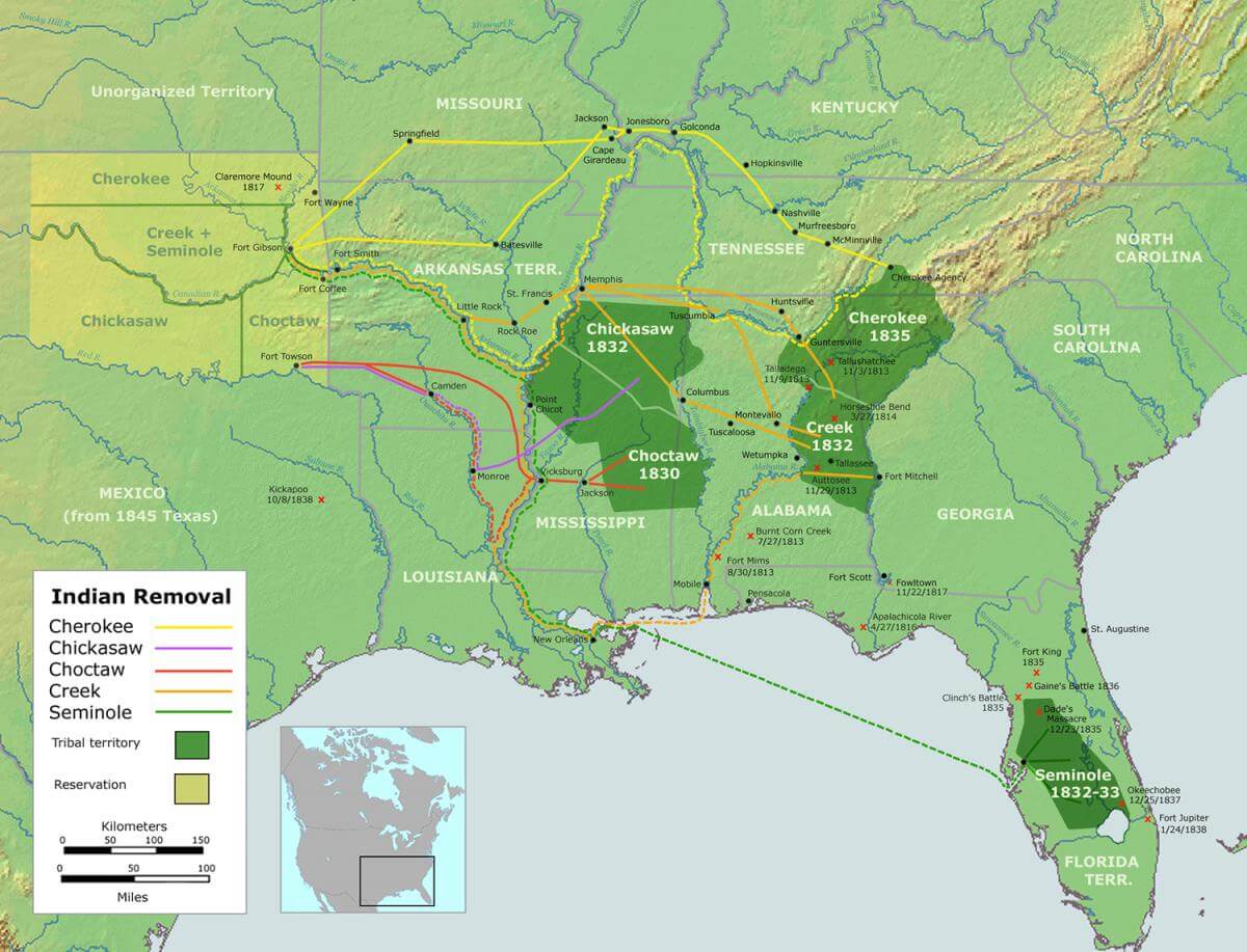 Map of the route of the Trails of Tears, 1836–1839. Courtesy of Wikimedia Commons. Map is in public domain. Map of the route of the Trails of Tears, 1836–1839. Courtesy of Wikimedia Commons. Map is in public domain.