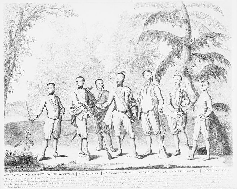 Seven Cherokee chief delegates accompanying Sir Alexander Cumming to London, 1730. These chiefs represented every region in which the Cherokee then lived. Engraving by Isaac Basire. Courtesy of Wikimedia Commons. Engraving is in public domain. Seven Cherokee chief delegates accompanying Sir Alexander Cumming to London, 1730. These chiefs represented every region in which the Cherokee then lived. Engraving by Isaac Basire. Courtesy of Wikimedia Commons. Engraving is in public domain.