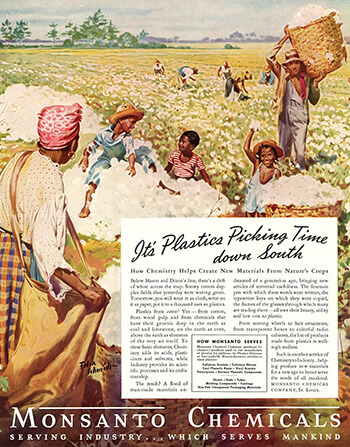 "It's Plastics Picking Time Down South," Fortune Magazine, September, 1939. Artwork by Felix Schmidt. An example of Monsanto's early public relations campaign, this advertisement links labor, synthetic chemicals, and nature through the racialized imagery of the cotton industry. Reproduced from Baptized in PCBs, 76. Courtesy of Ellen Spears. "It's Plastics Picking Time Down South," Fortune Magazine, September, 1939. Artwork by Felix Schmidt. An example of Monsanto's early public relations campaign, this advertisement links labor, synthetic chemicals, and nature through the racialized imagery of the cotton industry. Reproduced from Baptized in PCBs, 76. Courtesy of Ellen Spears.