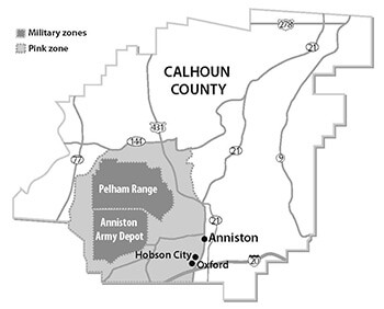 Anniston Pink Zone Emergency Management areas. Map by Charles Jones. The Pink Zone designated civilian sites of highest concern in case of an accident at the Anniston Army Depot incinerator, and included the African American and low-income white neighborhoods of West Anniston. Reproduced from Baptized in PCBs, 76. Courtesy of Ellen Spears. Anniston Pink Zone Emergency Management areas. Map by Charles Jones. The Pink Zone designated civilian sites of highest concern in case of an accident at the Anniston Army Depot incinerator, and included the African American and low-income white neighborhoods of West Anniston. Reproduced from Baptized in PCBs, 76. Courtesy of Ellen Spears.