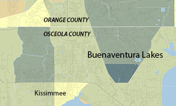 Buenaventura Lakes, Florida. Data from the 2010 Census, Hispanic population according to census tract. Map courtesy of Southern Spaces. Buenaventura Lakes, Florida. Data from the 2010 Census, Hispanic population according to census tract. Map courtesy of Southern Spaces.