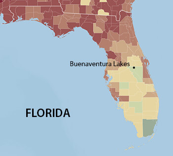 Buenaventura Lakes, Florida. Data from the 2010 Census, Hispanic population according to county. Map courtesy of Southern Spaces. Buenaventura Lakes, Florida. Data from the 2010 Census, Hispanic population according to county. Map courtesy of Southern Spaces.