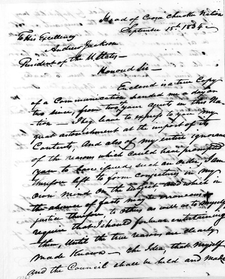 John Ross to Andrew Jackson, September 15, 1834. Letter by John Ross. Courtesy of the Andrew Jackson Papers, the Library of Congress Manuscript Division, loc.gov/resource/maj.01087_0182_0186/.  John Ross to Andrew Jackson, September 15, 1834. Letter by John Ross. Courtesy of the Andrew Jackson Papers, the Library of Congress Manuscript Division, loc.gov/resource/maj.01087_0182_0186/.