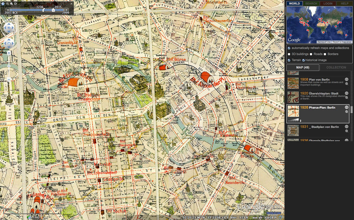 Screenshot of HyperCities Earth showing a 1926 Pharus map of Berlin. Screenshot courtesy of Southern Spaces. From Andrew Battista, "Spatial Humanities and Modes of Resistance: A Review of Hypercities." Screenshot of HyperCities Earth showing a 1926 Pharus map of Berlin. Screenshot courtesy of Southern Spaces. From Andrew Battista, "Spatial Humanities and Modes of Resistance: A Review of Hypercities."