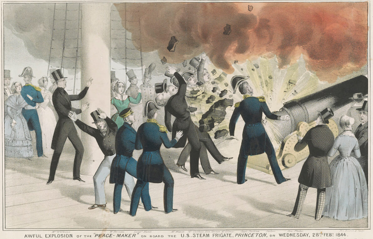 Awful explosion of the "peace-maker" on board the U.S. Steam Frigate, Princeton, on Wednesday 28th Feb 1844, New York, 1844. Lithograph by N. Currier. Courtesy of the Library of Congress Prints and Photographs Division, loc.gov/item/90708862. Awful explosion of the "peace-maker" on board the U.S. Steam Frigate, Princeton, on Wednesday 28th Feb 1844, New York, 1844. Lithograph by N. Currier. Courtesy of the Library of Congress Prints and Photographs Division, loc.gov/item/90708862.