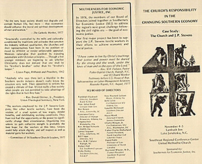 Southeners for Economic Justice (SEJ) pamphlet for the symposium for southern churches held in North Carolina, November 4-5, 1978. Courtesy of the Textile Union of America records, Wisconsin Historical Society, Madison, Wisconsin.  Southeners for Economic Justice (SEJ) pamphlet for the symposium for southern churches held in North Carolina, November 4-5, 1978. Courtesy of the Textile Union of America records, Wisconsin Historical Society, Madison, Wisconsin.