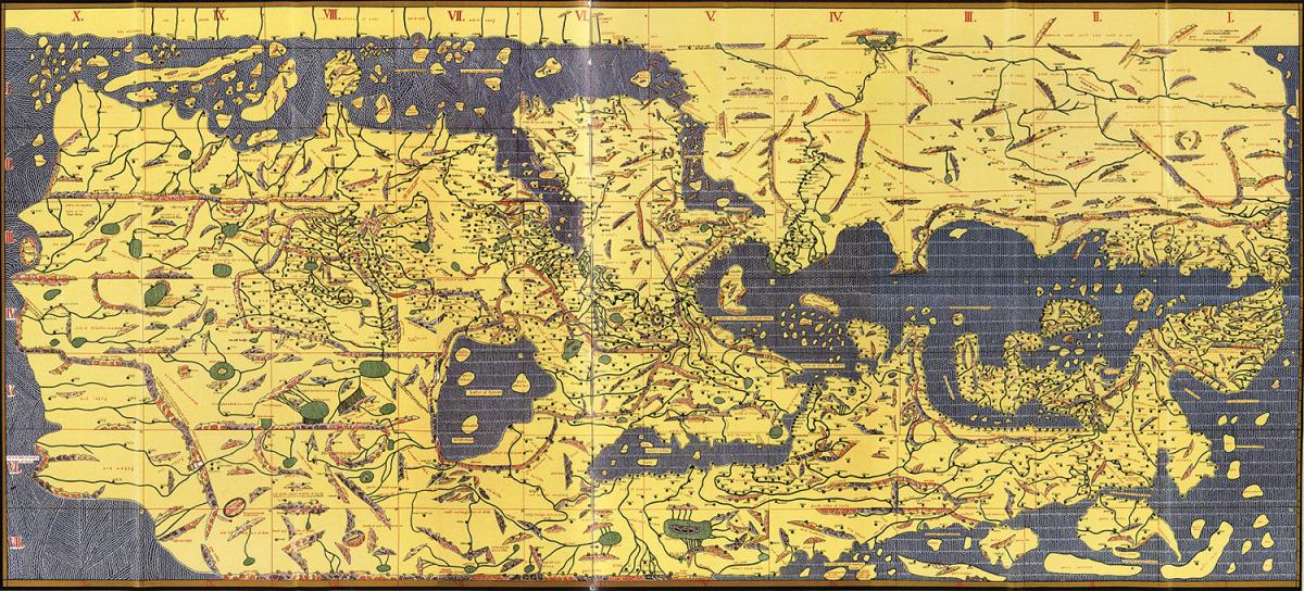 Tabula Rogeriana, 1154. Map by Muhammed al-Idrisi. Image courtesy of Wikimedia Commons. Image is in the public domain. Tabula Rogeriana, 1154. Map by Muhammed al-Idrisi. Image courtesy of Wikimedia Commons. Image is in the public domain.