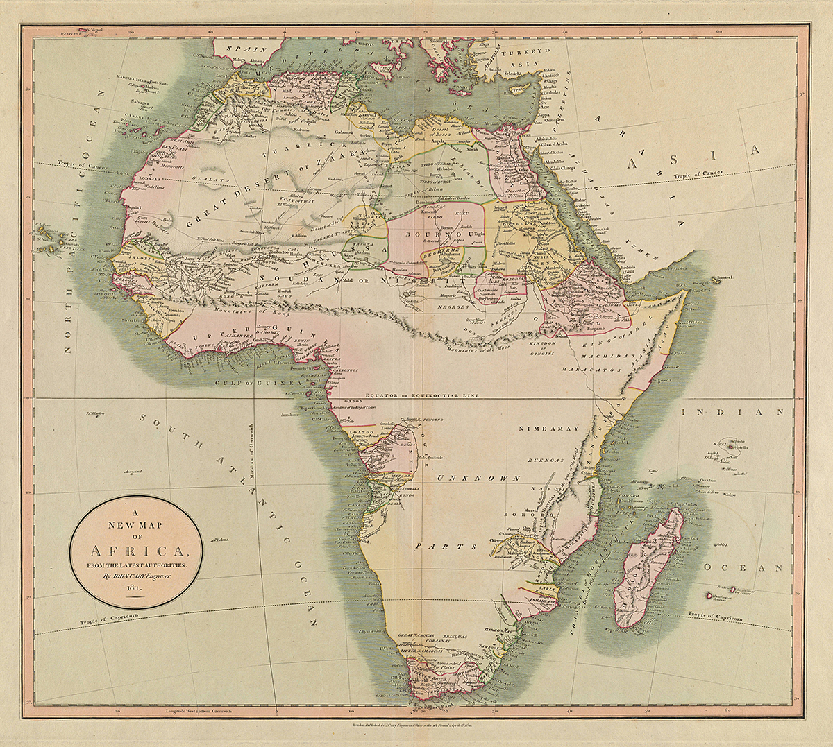 A New Map of Africa, the Latest Authorities, 1811. Engraving by John Cary. Originally published in Cary's New Universal Atlas, London, 1808. Courtesy of the Thomas Bassett Personal Collection, http://imagesearchnew.library.illinois.edu/cdm/singleitem/collection/africanmaps/id/2018/rec/1. A New Map of Africa, the Latest Authorities, 1811. Engraving by John Cary. Originally published in Cary's New Universal Atlas, London, 1808. Courtesy of the Thomas Bassett Personal Collection, http://imagesearchnew.library.illinois.edu/cdm/singleitem/collection/africanmaps/id/2018/rec/1.