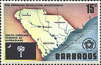 Barbados, South Carolina, USPS The American Revolution Bicentennial commemorative stamp, 1976. © United States Postal Service.  Barbados, South Carolina, USPS The American Revolution Bicentennial commemorative stamp, 1976. © United States Postal Service.