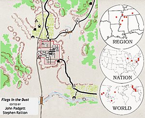Having selected Flags in the Dust, a user can click Show Locations from the map controls to see the various locations (both inside and outside Yoknapatawpha) that appear in the novel. Clicking on any of the map's icons brings up additional information. Screenshot by Stephen Railton, 2014. Courtesy of Digital Yoknapatawpha Project. Having selected Flags in the Dust, a user can click Show Locations from the map controls to see the various locations (both inside and outside Yoknapatawpha) that appear in the novel. Clicking on any of the map's icons brings up additional information. Screenshot by Stephen Railton, 2014. Courtesy of Digital Yoknapatawpha Project.