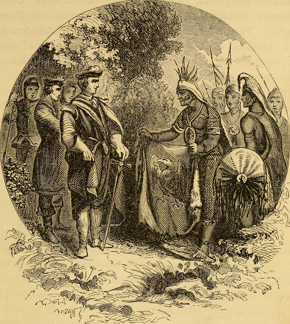 Meeting of White Men and Indians, General Oglethorpe meeting Creek Nation. Print originally published in John Lossing's An Outline History of the United States (Sheldon & Co, 1881), page 19. Image uploaded by Flickr user Internet Archive Book Images. Image is in public domain. Meeting of White Men and Indians, General Oglethorpe meeting Creek Nation. Print originally published in John Lossing's An Outline History of the United States (Sheldon & Co, 1881), p. 19. Image uploaded by Flickr user Internet Archive Book Images. Image is in public domain.