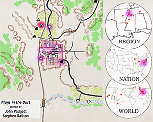 The user has begun the "Play Narrative" animation for Flags in the Dust, and has reached page 75. Events can also be viewed in chronological order. The area highlighted in red indicates the current Event. Locations and dates in purple indicate the places and times that the narrative has moved through already (darker purple indicates multiple returns to a specific time). Screenshot by Stephen Railton, 2014. Courtesy of Digital Yoknapatawpha Project. The user has begun the "Play Narrative" animation for Flags in the Dust, and has reached page 75. Events can also be viewed in chronological order. The area highlighted in red indicates the current Event. Locations and dates in purple indicate the places and times that the narrative has moved through already (darker purple indicates multiple returns to a specific time). Screenshot by Stephen Railton, 2014. Courtesy of Digital Yoknapatawpha Project.