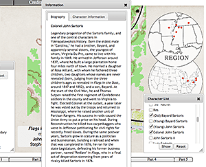 By clicking on a character's icon, users have access to fairly detailed information about him or her, including a biographical sketch, a list of the other texts the character appears in, social class, occupation, and so on. Screenshot by Stephen Railton, 2014. Courtesy of Digital Yoknapatawpha Project. By clicking on a character's icon, users have access to fairly detailed information about him or her, including a biographical sketch, a list of the other texts the character appears in, social class, occupation, and so on. Screenshot by Stephen Railton, 2014. Courtesy of Digital Yoknapatawpha Project.