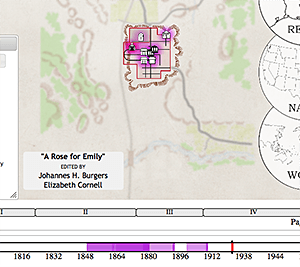 A visualization of "A Rose for Emily," after the user has "played" the narrative. The vertical line at 1924 indicates the date at which story both begins (black line) and ends (red on top of that).The events of this story occur in a very circumscribed space. However, note how far and frequently the narrative travels back in time. Screenshot by Stephen Railton, 2014. Courtesy of Digital Yoknapatawpha Project. A visualization of "A Rose for Emily," after the user has "played" the narrative. The vertical line at 1924 indicates the date at which story both begins (black line) and ends (red on top of that).The events of this story occur in a very circumscribed space. However, note how far and frequently the narrative travels back in time. Screenshot by Stephen Railton, 2014. Courtesy of Digital Yoknapatawpha Project.