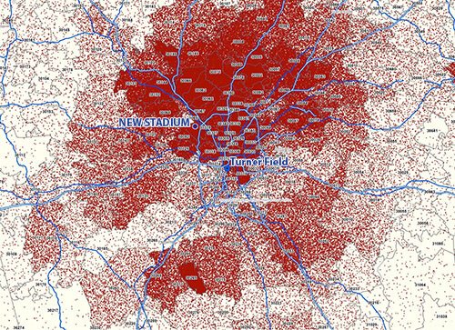 Distribution of Atlanta Braves fanbase and location of Turner Field and proposed new stadium, November 2013. Map courtesy of the Atlanta Braves.