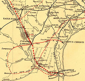 Rio Grande and Pecos Railway Company, Detail of a map of the Rio Grande and Pecos Railway showing the locations of Brownsville, Laredo, and Eagle Pass, 1882. Courtesy of Library of Congress Geography and Map Division, catalog number 98688791. Rio Grande and Pecos Railway Company, Detail of a map of the Rio Grande and Pecos Railway showing the locations of Brownsville, Laredo, and Eagle Pass, 1882. Courtesy of Library of Congress Geography and Map Division, catalog number 98688791.