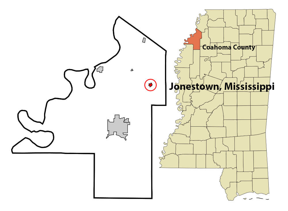 Map of Jonestown, located in Coahoma County, Mississippi. Created by Wikimedia Commons user Arkyan. Courtesy of Wikimedia Commons user Arkyan, CC BY-SA 3.0. Map of Jonestown, located in Coahoma County, Mississippi. Created by Wikimedia Commons user Arkyan. Creative Commons license CC BY-SA 3.0.