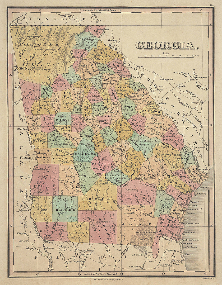 Georgia, 1831. Map by Young & Delleker, Sc. Published by A. Finley. Courtesy of the Historic Maps collection, Georgia Archives, University System of Georgia. Georgia, 1831. Map by Young & Delleker, Sc. Published by A. Finley. Courtesy of the Historic Maps collection, Georgia Archives, University System of Georgia.