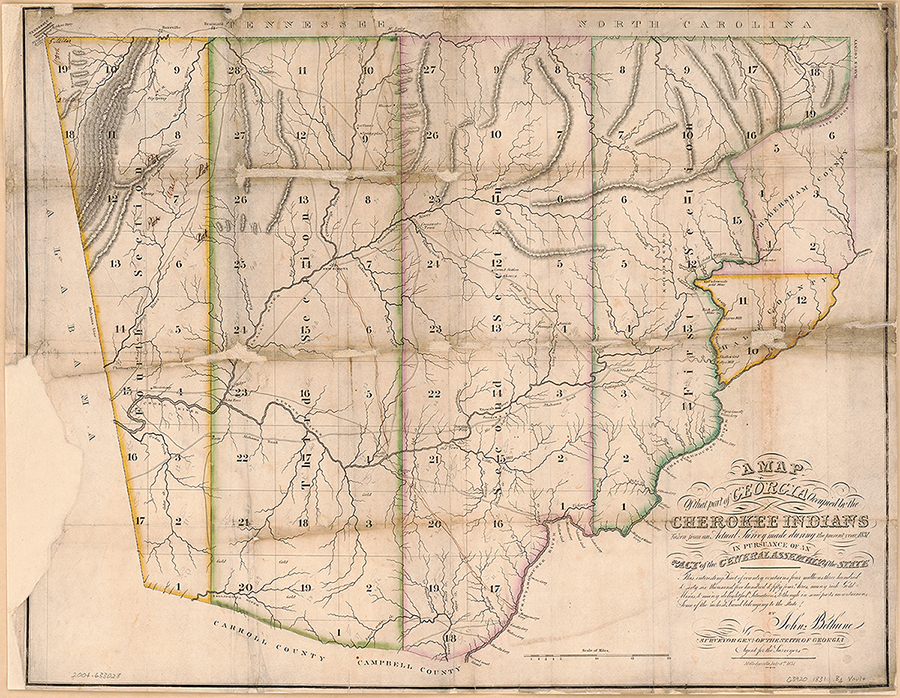A map of that part of Georgia occupied by the Cherokee Indians, 1831. Map by John Bethune. Courtesy of Library of Congress Geography and Map Division, lccn.loc.gov/2004633028. A map of that part of Georgia occupied by the Cherokee Indians, 1831. Map by John Bethune. Courtesy of Library of Congress Geography and Map Division, lccn.loc.gov/2004633028.