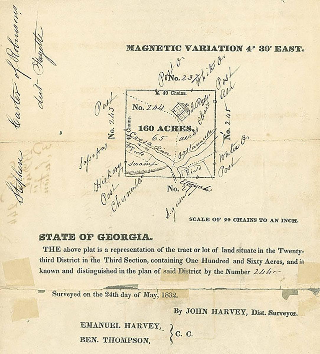 Cherokee County plat and land grant issued to Stephen Carter, 1834. Courtesy of the Ad Hoc collection, Georgia Archives, University System of Georgia. Cherokee County plat and land grant issued to Stephen Carter, 1834. Courtesy of the Ad Hoc collection, Georgia Archives, University System of Georgia.