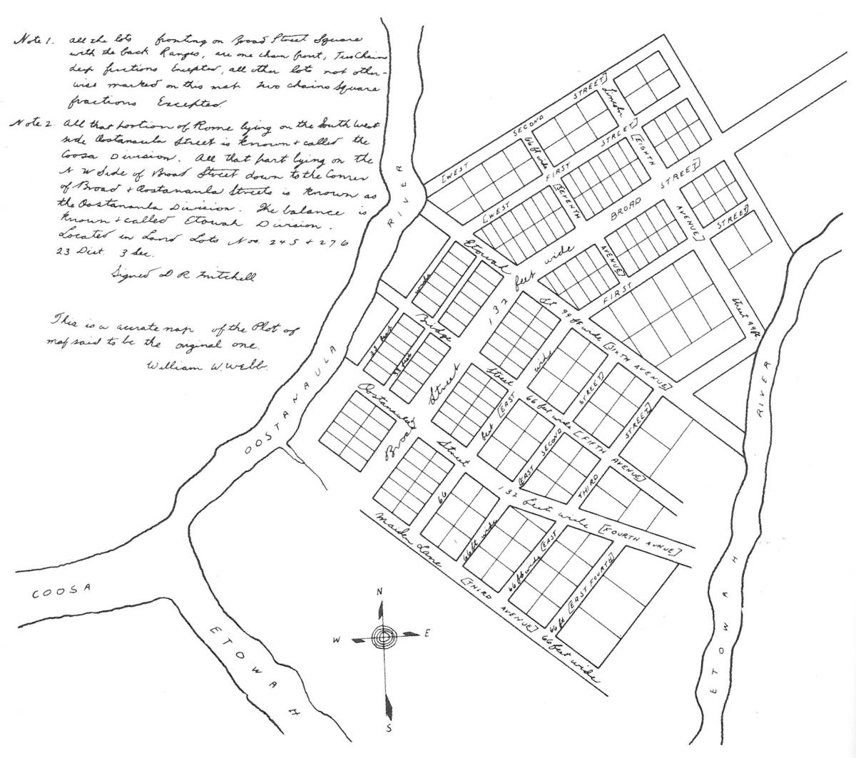 Copy of Sketch for the Layout of Rome, Georgia, 1834. Drawing by Daniel R. Mitchell. Courtesy of Rome Area History Museum. Copy of Sketch for the Layout of Rome, Georgia, 1834. Drawing by Daniel R. Mitchell. Courtesy of Rome Area History Museum.