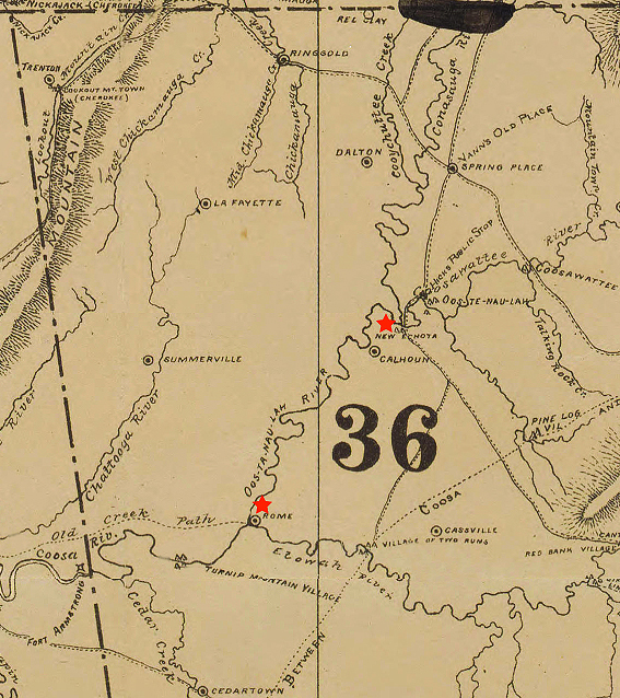 Detail of Map of the former territorial limits of the Cherokee "Nation of" Indians, 1884. Map by Charles C. Royce. Published by Smithsonian Institution Bureau of Ethnology. Courtesy of the North Carolina Maps collection, Carolina Digital Library and Archives, University of North Carolina at Chapel Hill. Red stars added to highlight locations of Rome and New Echota. Detail of Map of the former territorial limits of the Cherokee "Nation of" Indians, 1884. Map by Charles C. Royce. Published by Smithsonian Institution Bureau of Ethnology. Courtesy of the North Carolina Maps collection, Carolina Digital Library and Archives, University of North Carolina at Chapel Hill. Red stars added to highlight locations of Rome and New Echota.