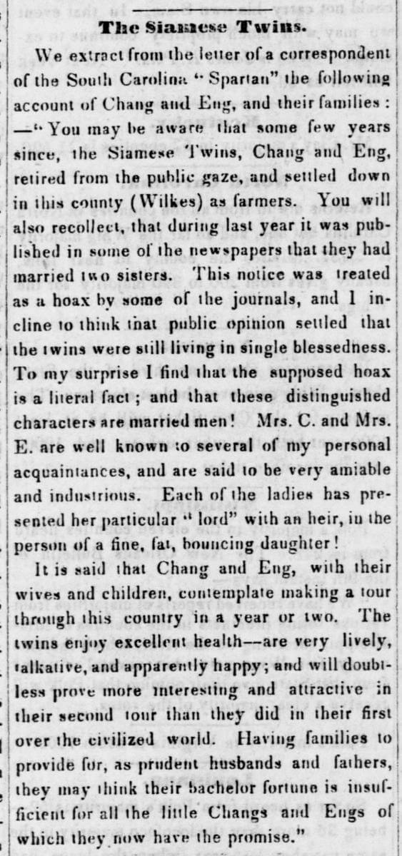 The Siamese Twins, Jeffersonian Republic, Stroudsburg, Pennsylvania, November 21, 1844. Excerpt from newspaper article by unknown author. Courtesy of Library of Congress, Chronicling America: Historic American Newspapers. The Siamese Twins, Jeffersonian Republic, Stroudsburg, Pennsylvania, November 21, 1844. Excerpt from newspaper article by unknown author. Courtesy of Library of Congress, Chronicling America: Historic American Newspapers.