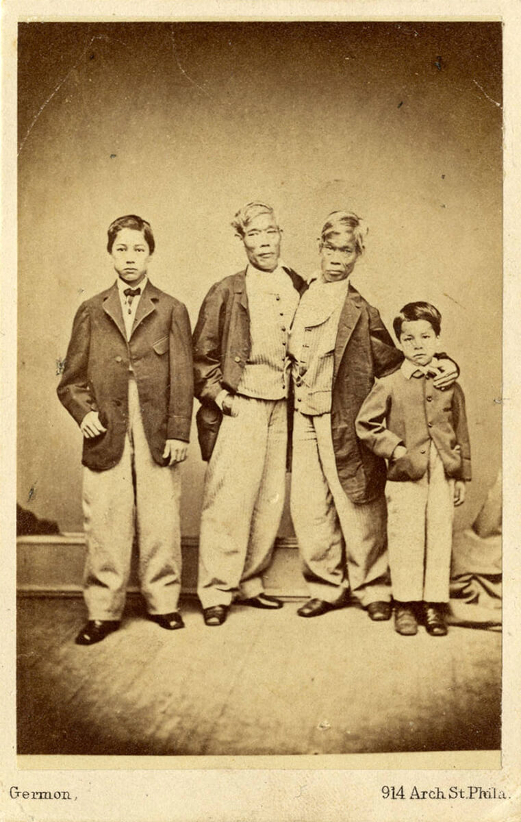 Patrick Henry Bunker, Eng Bunker, Chang Bunker, and Albert Bunker, ca. 1860–1870. Photograph by Washington Lafayette Germon. Photograph courtesy of the North Carolina Collection Photographic Archives, Louis Round Wilson Special Collections Library, University of North Carolina at Chapel Hill. Patrick Henry Bunker, Eng Bunker, Chang Bunker, and Albert Bunker, ca. 1860–1870. Photograph by Washington Lafayette Germon. Photograph courtesy of the North Carolina Collection Photographic Archives, Louis Round Wilson Special Collections Library, University of North Carolina at Chapel Hill.