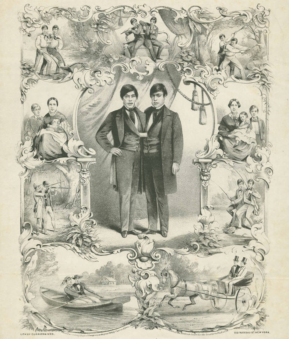 "Chang" and "Eng" the world renowned united Siamese twins, 1860. Lithograph by Currier & Ives. Courtesy of the Southern Historical Collection, Louis Round Wilson Special Collections Library, University of North Carolina at Chapel Hill. "Chang" and "Eng" the world renowned united Siamese twins, 1860. Lithograph by Currier & Ives. Courtesy of the Southern Historical Collection, Louis Round Wilson Special Collections Library, University of North Carolina at Chapel Hill.