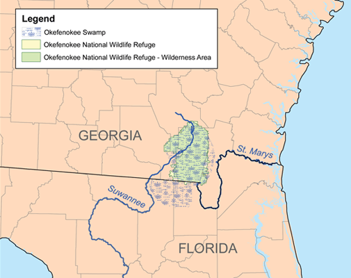 Karl Musser, Map of Okefenokee Swamp, 2007.  Image courtesy of Wikimedia Commons. Karl Musser, Map of Okefenokee Swamp, 2007.  Image courtesy of Wikimedia Commons.