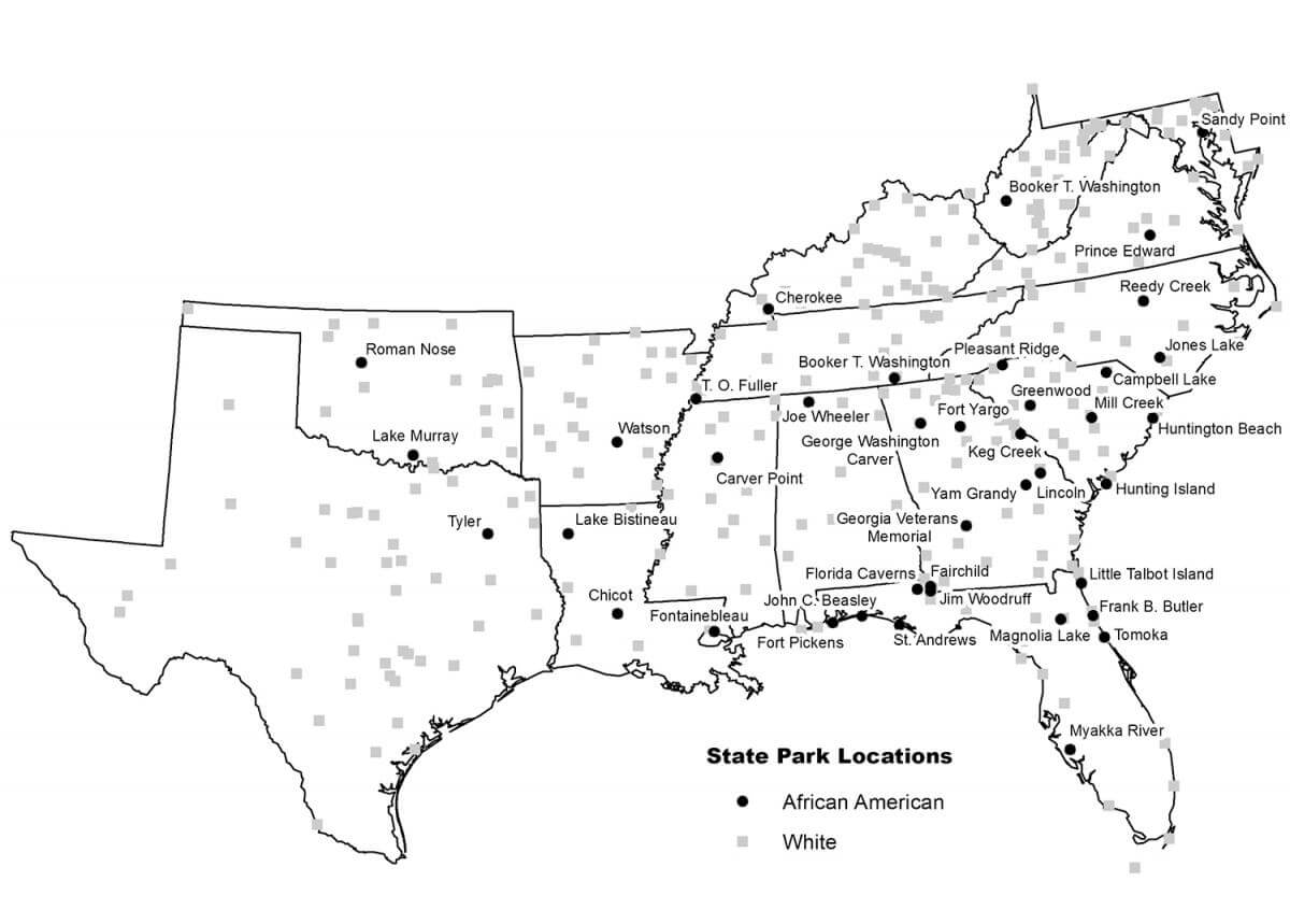 Locations of state parks in the South highlighting facilities made available to African Americans between 1937 and 1962. Map by William O’Brien. Originally published in William O’Brien’s Landscapes of Exclusion: State Parks and Jim Crow in the American South (Amherst: University of Massachusetts Press, 2015). Image provided by author.  Locations of state parks in the South highlighting facilities made available to African Americans between 1937 and 1962. Map by William O’Brien. Originally published in William O’Brien’s Landscapes of Exclusion: State Parks and Jim Crow in the American South (Amherst: University of Massachusetts Press, 2015). Image provided by author.