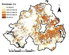 Protestants in Northern Ireland as a percentage of the population by 1km grid square, 2001.  From Troubled Geographies: A Spatial History of Religion and Society in Ireland, 2013. Courtesy of Niall Cunningham. Protestants in Northern Ireland as a percentage of the population by 1km grid square, 2001.  From Troubled Geographies: A Spatial History of Religion and Society in Ireland, 2013. Courtesy of Niall Cunningham.