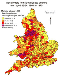 Mortality rate from lung disease among men aged 45–64, 1861 to 1870. From the Great Britain Historical Geographic Information System, 2012. Courtesy of Humphrey Southall. Mortality rate from lung disease among men aged 45–64, 1861 to 1870. From the Great Britain Historical Geographic Information System, 2012. Courtesy of Humphrey Southall.