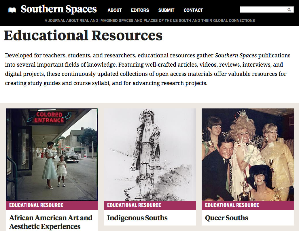 Southern Spaces Educational Resources, December 12, 2017. Screenshot courtesy of Southern Spaces.  Southern Spaces Educational Resources, December 12, 2017. Screenshot courtesy of Southern Spaces.