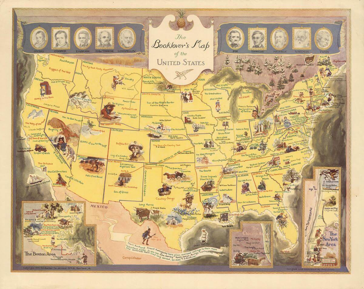 Booklover's Map of the United States, 1949. Map by Amy Jones. Courtesy of the David Rumsey Historical Map Collection. Creative Commons license CC BY-NC-SA-3.0. Booklover's Map of the United States, 1949. Map by Amy Jones. Courtesy of the David Rumsey Historical Map Collection. Creative Commons license CC BY-NC-SA-3.0.