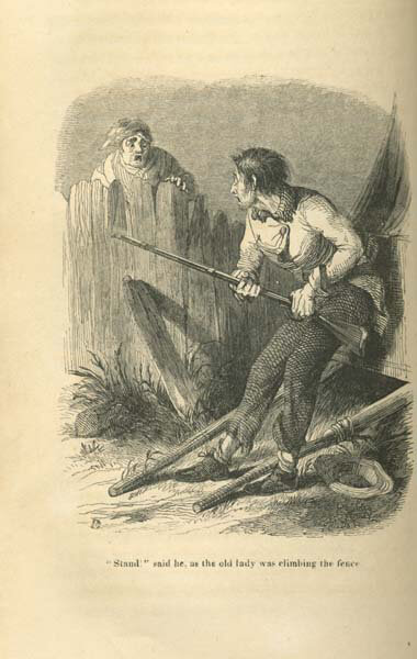 "Stand," said he, as the old lady was climbing the fence, ca. 1845. Illustration by Felix Darley. Originally published in Johnson J. Hooper's Some Adventures of Captain Simon Suggs (Carey and Hart, 1845). © This work is the property of the University of North Carolina at Chapel Hill. Courtesy of Documenting the American South, docsouth.unc.edu/southlit/hooper/hoope92.jpg.