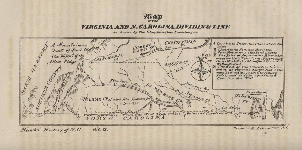 Map of the Virginia and N. Carolina Dividing Line, Fayetteville, North Carolina, 1859. Map by Peter Fontaine Jr. Published by E. J. Hale & Son. Courtesy of the North Carolina Maps website, Carolina Digital Library and Archives, University of North Carolina at Chapel Hill.