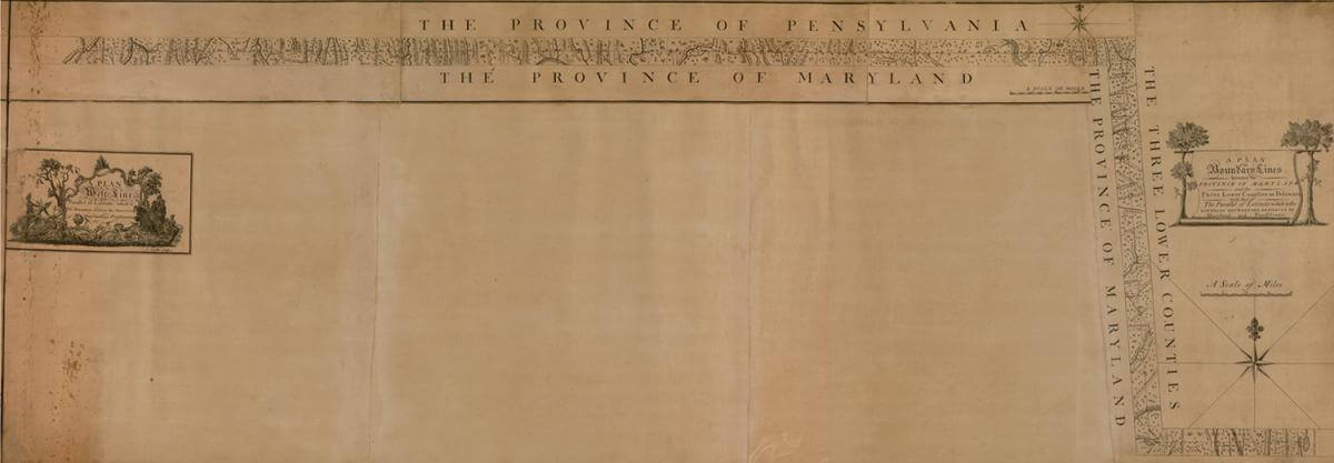 An early map of the Mason and Dixon line, Pennsylvania and Maryland border, 1768. A map by Charles Mason, Jeremiah Dixon, James Smither, and Robert Kennedy. Published by Robert Kennedy. Courtesy of the Library of Congress Geography and Map Division, www.loc.gov/resource/g3841f.ct002075. An early map of the Mason and Dixon line, Pennsylvania and Maryland border, 1768. A map by Charles Mason, Jeremiah Dixon, James Smither, and Robert Kennedy. Published by Robert Kennedy. Courtesy of the Library of Congress Geography and Map Division, www.loc.gov/resource/g3841f.ct002075.