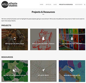 Atlanta Studies website, 2015. Screenshot of the projects and resources available to members of the public as well as academics. Courtesy of Emory News. The section is expected to expand as the new website takes off.
