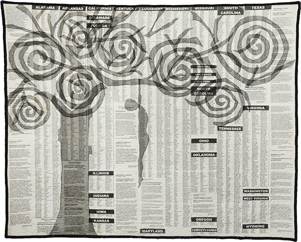 The Blood of the Slaughtered I, 2001. © Gwendolyn A. Magee. Pieced, quilted, stitched, and appliquéd fabrics, with cording. 70''x85.5''. Collection of the Gwendolyn Ann Magee Estate, D. E. Magee, administrator. Photography © 2014 Dave Dawson Photography. The Blood of the Slaughtered I, 2001. © Gwendolyn A. Magee. Pieced, quilted, stitched, and appliquéd fabrics, with cording. 70''x85.5''. Collection of the Gwendolyn Ann Magee Estate, D. E. Magee, administrator. Photography © 2014 Dave Dawson Photography.