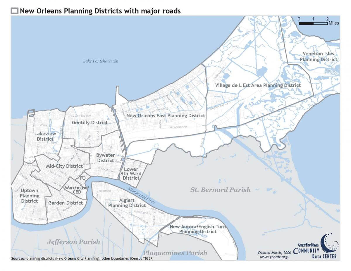 New Orleans Planning Districts with major roads, March 2006. Map by unknown creator. Courtesy of the Greater New Orleans Community Data Center. New Orleans Planning Districts with major roads, March 2006. Map by unknown creator. Courtesy of the Greater New Orleans Community Data Center.
