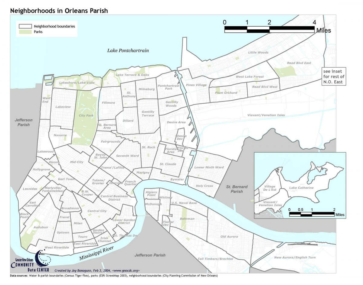 Neighborhoods in Orleans Parish, February 3, 2004. Map by Joy Bonaguro. Courtesy of the Greater New Orleans Community Data Center. Neighborhoods in Orleans Parish, February 3, 2004. Map by Joy Bonaguro. Courtesy of the Greater New Orleans Community Data Center.