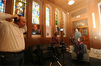 Justin Nystrom and students Kyleah Frederic, Eric Buras, and Kaleigh Macchioand prepare equipment for a recording session, Loyola University, New Orleans, Louisiana, October 29, 2012. Photograph by Harold Baquet. Courtesy of Harold Baquet and Justin Nystrom. Justin Nystrom and students Kyleah Frederic, Eric Buras, and Kaleigh Macchioand prepare equipment for a recording session, Loyola University, New Orleans, Louisiana, October 29, 2012. Photograph by Harold Baquet. Courtesy of Harold Baquet and Justin Nystrom.